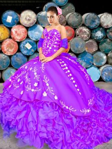Glorious Lilac Ball Gowns Organza Sweetheart Sleeveless Embroidery and Ruffles Lace Up Sweet 16 Dresses Brush Train