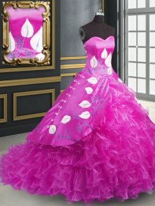 Suitable Fuchsia Organza Lace Up Sweet 16 Dresses Sleeveless Brush Train Embroidery and Ruffles