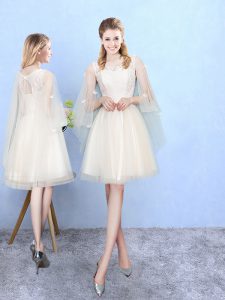 Trendy Half Sleeves Knee Length Lace Lace Up Dama Dress for Quinceanera with Champagne