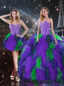 Fitting Multi-color Lace Up Sweetheart Beading and Ruffles Sweet 16 Dress Tulle Sleeveless