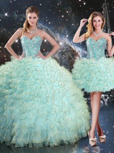 Sleeveless Organza Floor Length Lace Up Quinceanera Gowns in Turquoise with Beading and Ruffles