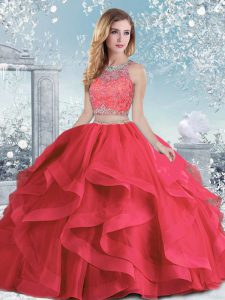 Shining Floor Length Coral Red Quinceanera Gown Organza Sleeveless Beading and Ruffles