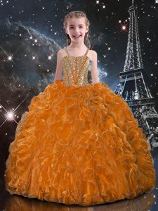 Beading and Ruffles Girls Pageant Dresses Orange Red Lace Up Sleeveless Floor Length