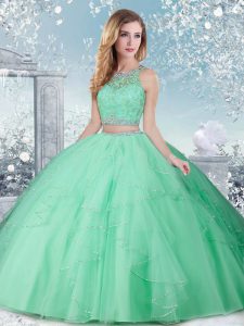 Attractive High-neck Sleeveless Sweet 16 Dress Floor Length Beading Apple Green Tulle