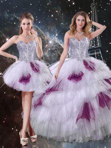 Sleeveless Tulle Floor Length Zipper Vestidos de Quinceanera in Multi-color with Beading and Ruffled Layers and Sequins