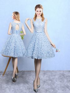 A-line Dama Dress Light Blue Scoop Printed Sleeveless Knee Length Lace Up