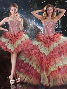 New Style Multi-color Lace Up Quinceanera Gown Beading and Ruffled Layers Sleeveless Floor Length