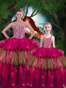Latest Fuchsia Organza Lace Up Ball Gown Prom Dress Sleeveless Floor Length Beading and Ruffled Layers