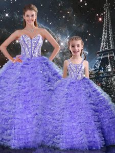 Lavender Tulle Lace Up Sweetheart Sleeveless Floor Length Sweet 16 Quinceanera Dress Beading and Ruffles