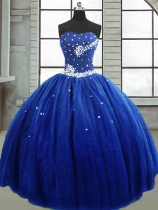Royal Blue Sleeveless Floor Length Beading Lace Up 15 Quinceanera Dress