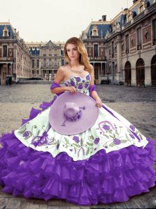 Traditional Floor Length Lace Up 15 Quinceanera Dress Lavender for Military Ball and Sweet 16 and Quinceanera with Embroidery and Ruffled Layers