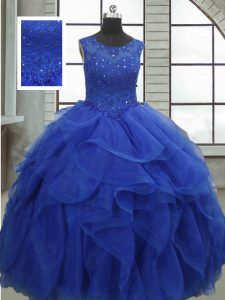 Affordable Floor Length Lace Up Quinceanera Dresses Royal Blue for Military Ball and Sweet 16 and Quinceanera with Ruffles and Sequins