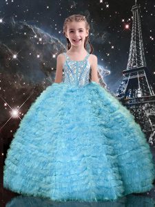 Wonderful Aqua Blue Pageant Dress Quinceanera and Wedding Party with Beading and Ruffled Layers Straps Sleeveless Lace Up