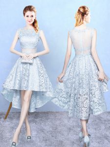 Clearance Scoop Sleeveless Dama Dress for Quinceanera High Low Lace Light Blue Lace