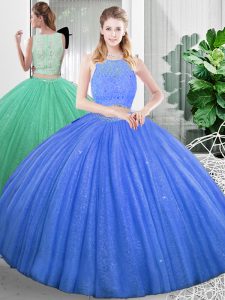 Baby Blue Two Pieces Lace and Ruching Quince Ball Gowns Zipper Organza Sleeveless Floor Length
