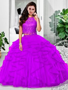 Traditional Halter Top Sleeveless Tulle Sweet 16 Dresses Lace and Ruffles Zipper