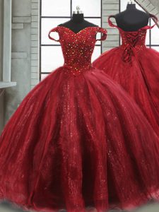 Wine Red Off The Shoulder Lace Up Beading Quinceanera Dress Brush Train Sleeveless