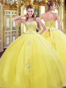 Exquisite Ball Gowns Vestidos de Quinceanera Gold Sweetheart Tulle Sleeveless Floor Length Lace Up