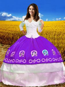 Delicate Embroidery Sweet 16 Quinceanera Dress Purple Lace Up 3 4 Length Sleeve Floor Length