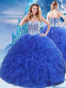 Fantastic Organza Sweetheart Sleeveless Lace Up Beading and Ruffles and Sequins Vestidos de Quinceanera in Royal Blue