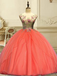 Orange Red Ball Gowns Scoop Sleeveless Organza Floor Length Lace Up Appliques Sweet 16 Quinceanera Dress