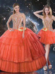 Sweet Floor Length Lace Up Quinceanera Dresses Rust Red for Military Ball and Sweet 16 and Quinceanera with Ruffled Layers and Sequins