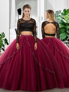 Custom Designed Floor Length Two Pieces Long Sleeves Fuchsia Ball Gown Prom Dress Backless