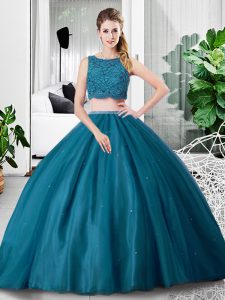 Teal Zipper Scoop Lace and Ruching Ball Gown Prom Dress Tulle Sleeveless