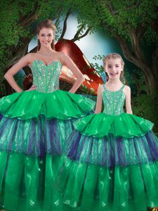Sleeveless Floor Length Beading and Ruffled Layers Lace Up Ball Gown Prom Dress with Green