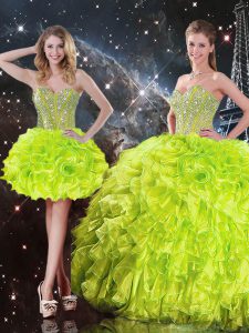 Yellow Green Lace Up Vestidos de Quinceanera Beading and Ruffles Sleeveless Floor Length
