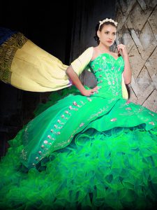 Sophisticated Green Lace Up Sweet 16 Quinceanera Dress Embroidery and Ruffles Sleeveless With Brush Train