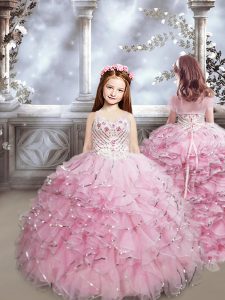 Baby Pink Sweetheart Lace Up Beading and Ruffles Kids Formal Wear Brush Train Sleeveless