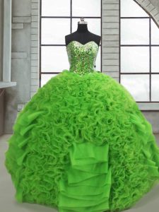 Sweetheart Sleeveless Quinceanera Dresses Floor Length Beading and Ruffles Green Organza