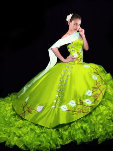 Yellow Green Sweet 16 Dresses Organza Brush Train Sleeveless Embroidery and Ruffles