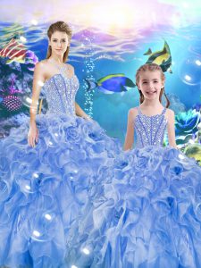 Baby Blue Sweetheart Neckline Beading and Ruffles Quinceanera Gowns Sleeveless Lace Up
