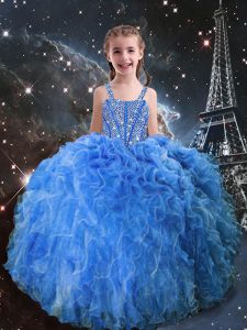 Baby Blue Straps Neckline Beading and Ruffles Winning Pageant Gowns Sleeveless Lace Up