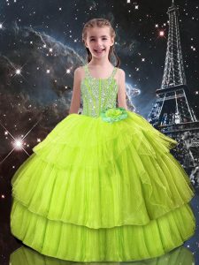 Yellow Green Pageant Dress Wholesale Quinceanera and Wedding Party with Beading and Ruffled Layers Straps Sleeveless Lace Up