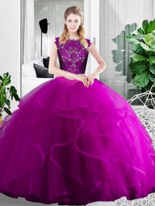 Tulle Scoop Sleeveless Zipper Lace and Ruffles Quinceanera Dresses in Fuchsia