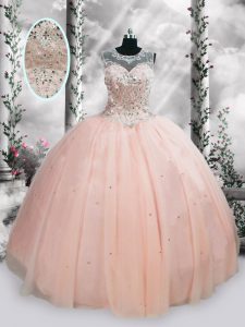 Top Selling Pink Lace Up Scoop Beading and Sequins Quinceanera Dresses Tulle Sleeveless
