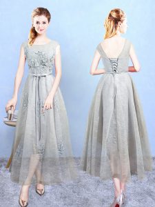 Ankle Length Lace Up Dama Dress Grey for Wedding Party with Appliques