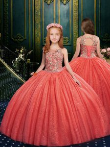 Watermelon Red Tulle Lace Up Child Pageant Dress Sleeveless Floor Length Appliques