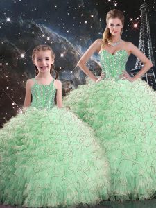 Sleeveless Floor Length Beading and Ruffles Lace Up 15th Birthday Dress with Apple Green