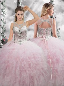 Baby Pink Vestidos de Quinceanera Military Ball and Sweet 16 and Quinceanera with Beading and Ruffles Scoop Sleeveless Lace Up