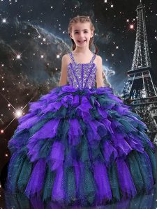 Ball Gowns Pageant Dress for Teens Eggplant Purple Straps Tulle Sleeveless Floor Length Lace Up