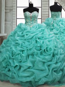 Most Popular Beading and Pick Ups Quinceanera Dresses Turquoise Lace Up Sleeveless Brush Train