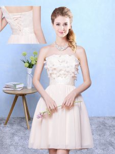 Strapless Sleeveless Court Dresses for Sweet 16 Knee Length Appliques Champagne Chiffon