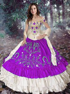Sleeveless Floor Length Embroidery and Ruffled Layers Lace Up Quince Ball Gowns with Eggplant Purple