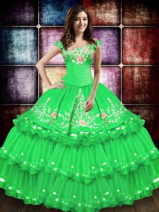 Floor Length Lace Up Sweet 16 Dress Green for Military Ball and Sweet 16 and Quinceanera with Embroidery and Ruffled Layers