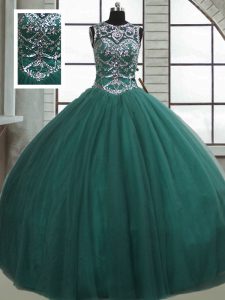 Unique Tulle Scoop Sleeveless Lace Up Beading Quinceanera Dresses in Dark Green