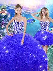 Smart Blue Ball Gowns Organza Sweetheart Sleeveless Beading and Ruffles Floor Length Lace Up Quinceanera Gown